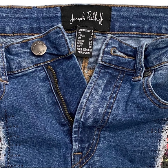 Joseph Ribkoff Mid Rise Skinny Stretch Jeans Floral Patch Black Rhinestones 2 - Picture 3 of 16